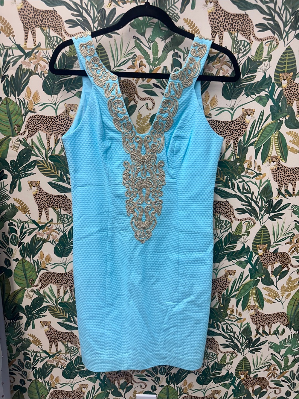 Lilly Pulitzer Aqua Blue Sheath Dress with Gold Embellished V-Neck